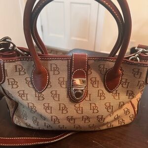 Dooney & Bourke Beige Jacquard Satchel with Brown Leather Trim